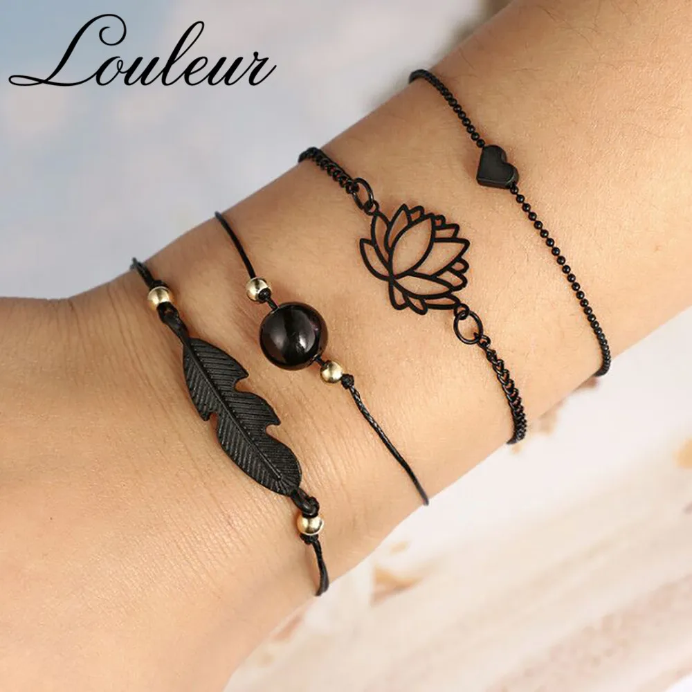 Louleur 4 шт./компл. Модный богемный браслет с узлом в форме листа цепочка шармом