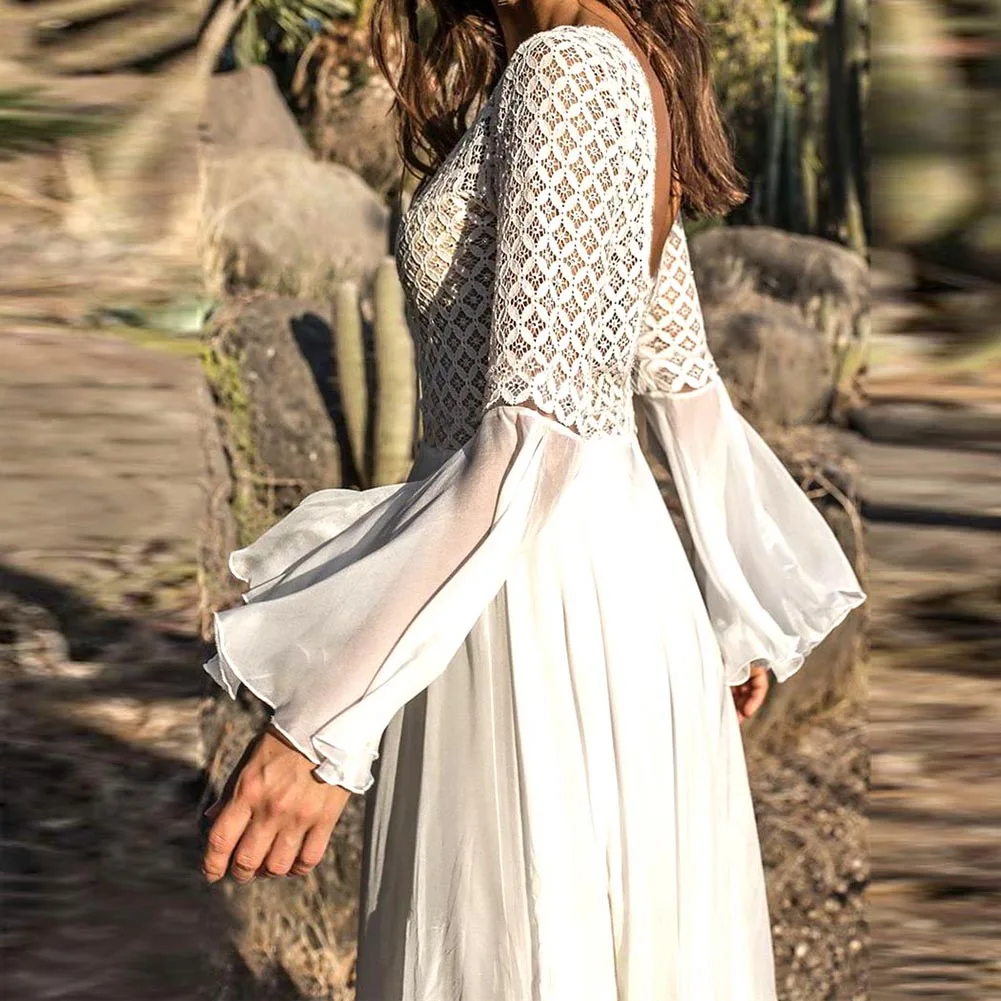 Женское платье с длинным рукавом и v образным вырезом Boho белое длинное на