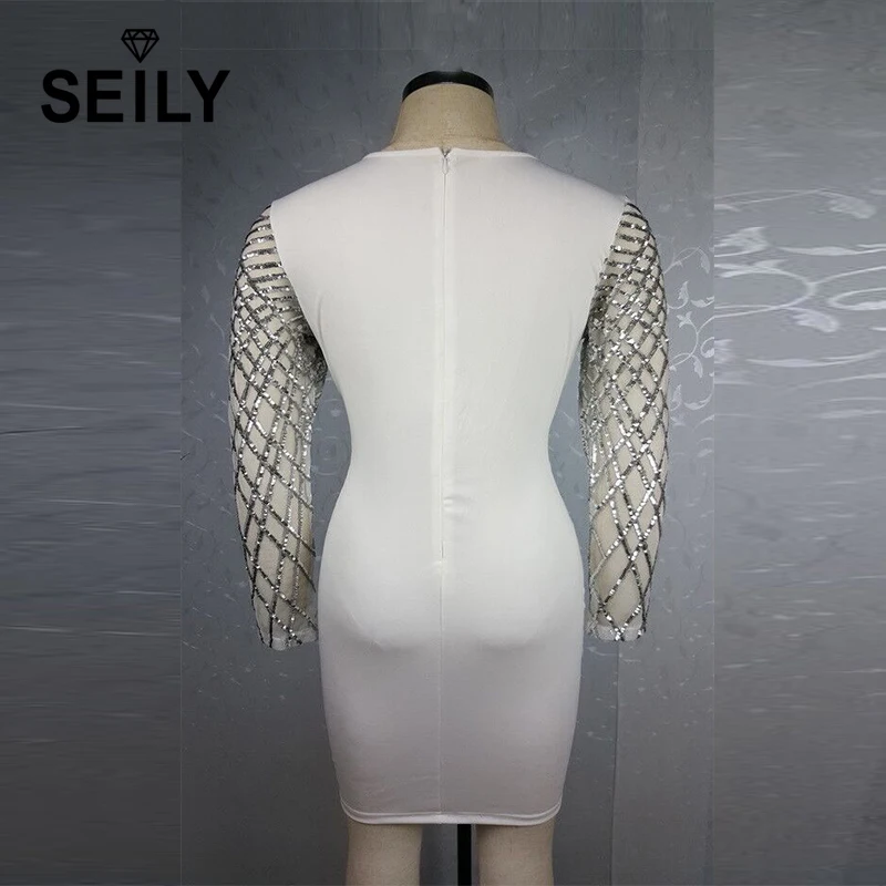 Seily Для женщин Белый Bling мини с пайетками бинты Bodycon платье длинным рукавом
