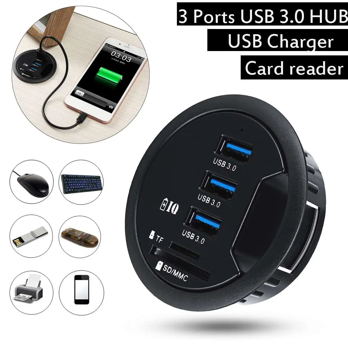Универсальный в настольные часы 3-Порты и разъёмы USB 3,0 HUB адаптер Зарядное устройство с SD кард-ридер для ПК держатель для планшета/смарт-телефонов usb-концентраторы