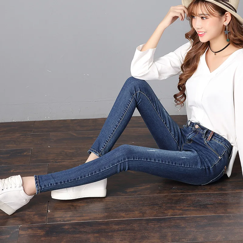 Jeans for Women mom High Waist Woman Elastic plus size Stretch female washed denim skinny pencil pants | Женская одежда