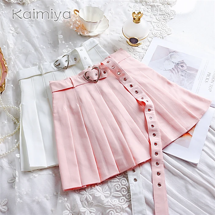 New Summer Women Pleated Skirt High Waisted Heart Shape Sashes Women Pleated Short Skirt High Quality