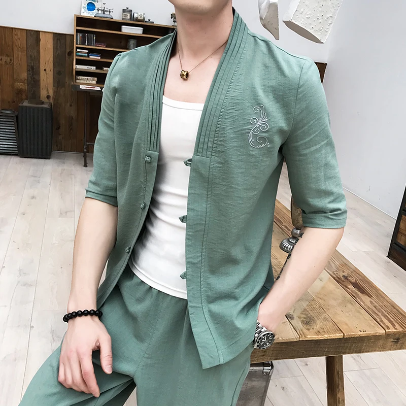 Мужские комплекты весна лето 2019 рубашки с вышивкой в китайском стиле + штаны из 2
