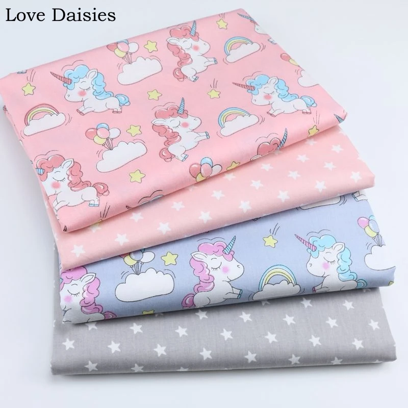 

100% cotton twill cloth GRAY PINK cartoon unicorn color hair balloon rainbow stars fabrics for DIY crib bedding handwork decor