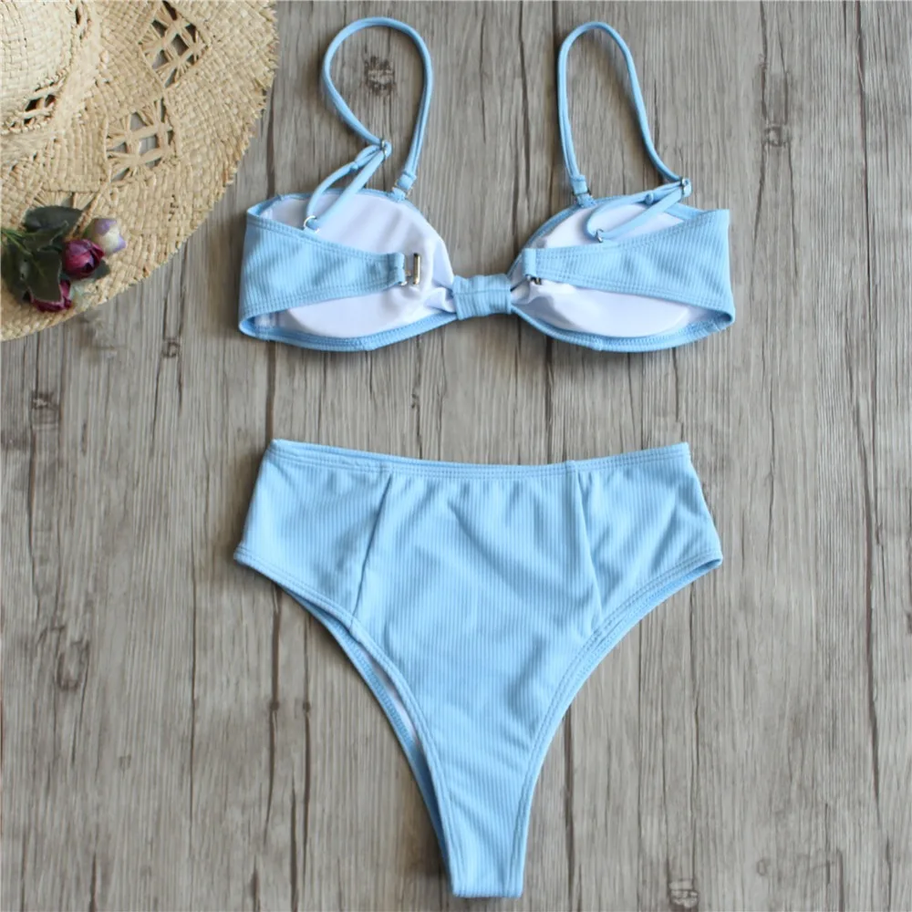 

Bikini Set 2019 Knotted Padded Thong Swimsuit Women Pure Color High Cut Bathing Suit Brazilian Biquni Swimwear Scoop Neck Solid