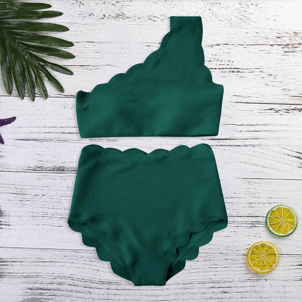 Summer Lady High Waisted Swimsuit Two Pieces Scalloped Trim One Shoulder Bikini Padded Bra Swimwear Solid Purple Green Beachwear |