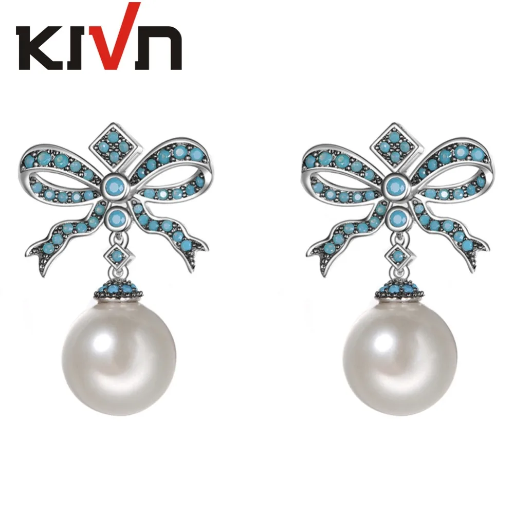 

KIVN Fashion Jewelry Dangle Bow Ribbon Pave CZ Cubic Zirconia Womens Girls Simulate Pearl Earrings Promotion Birthday Gifts