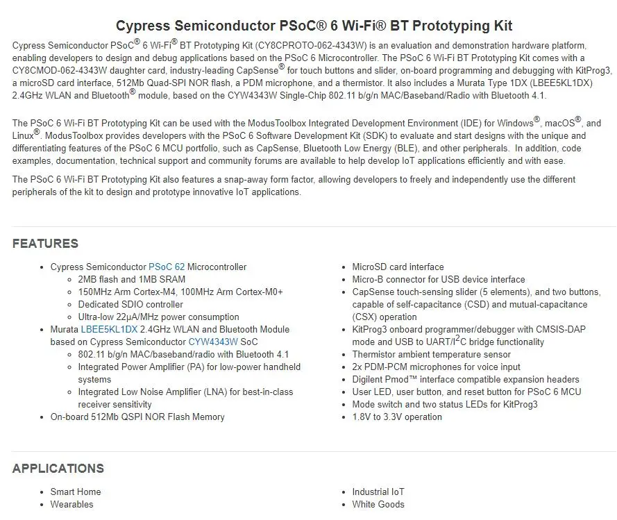 1 шт. х CY8CPROTO-062-4343W ARM PSoC6 WiFi-BT ультра низкая мощность комплект макетной платы