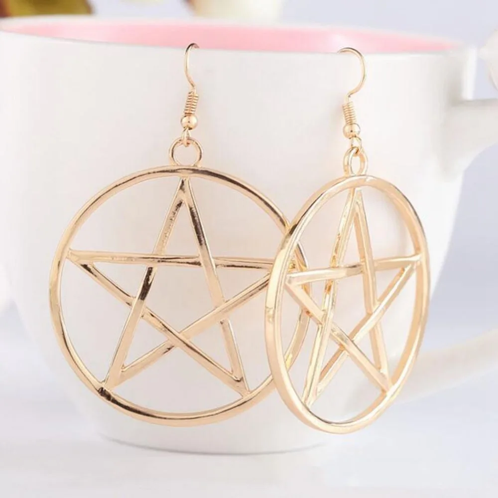 Золотые/серебряные серьги в стиле панк рок с круглой пентаграммой и звездами