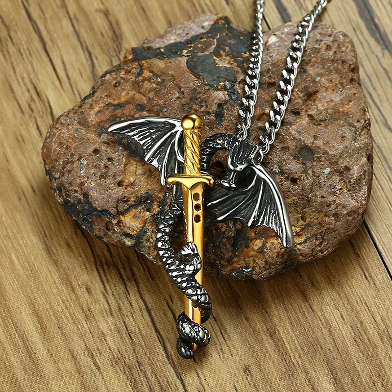 BIG J.W Gothic Pterosaur Sword Pendant Necklace for Men Cool Dragon Stainless Steel Punk Maxi Male Jewelry | Украшения и