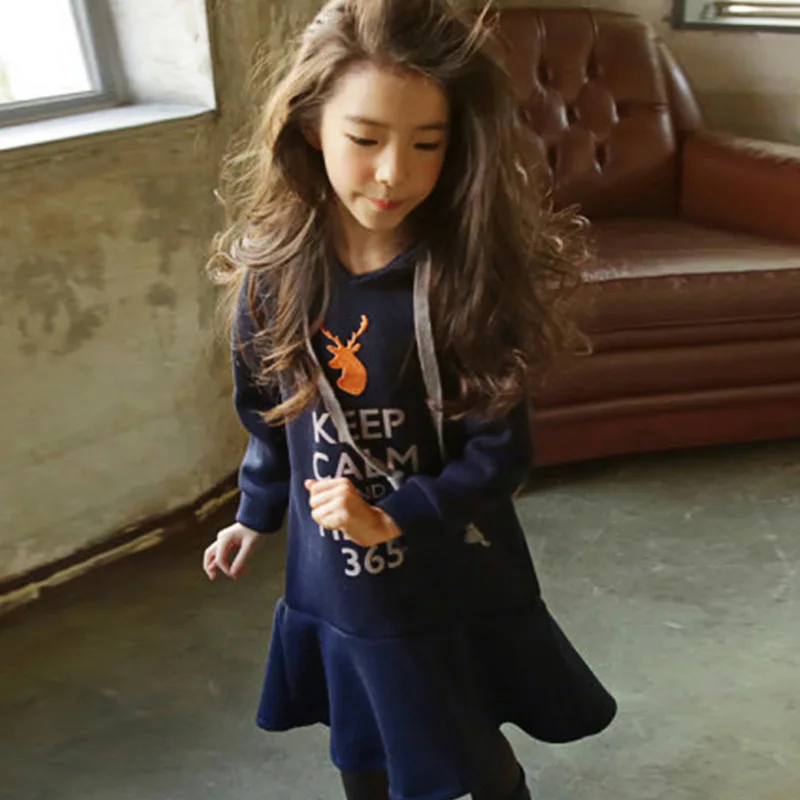 Fall Winter Girl Dresses Long Sleeve Hooded Dress For Teens Casual Cartoon Letter Print Kids Clothes Princess A-line Mini | Детская