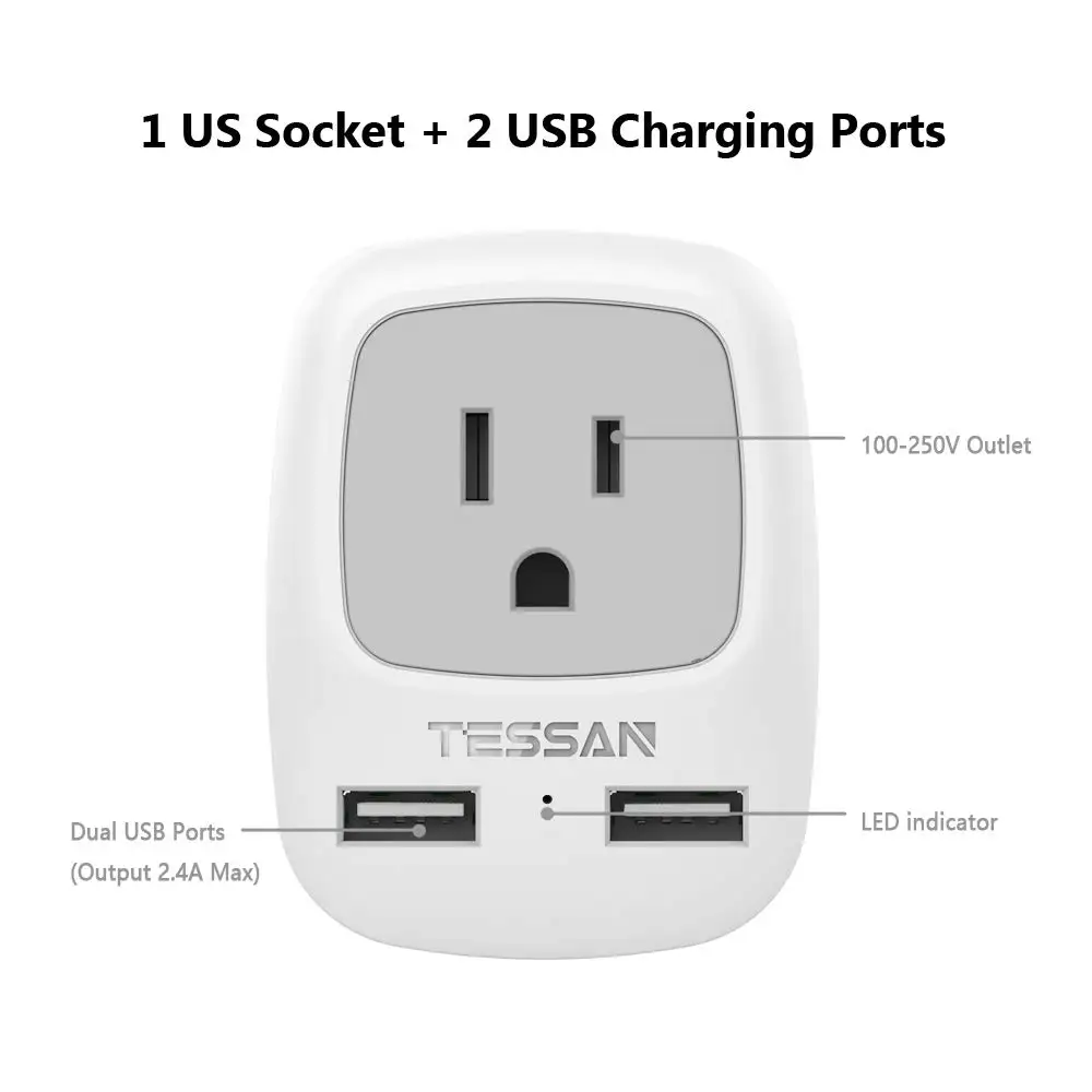 TESSAN Международный адаптер питания с 1 американской розеткой и 2 usb зарядным портом для США в ЕС Германии Франции Италии Великобритании Путешествия