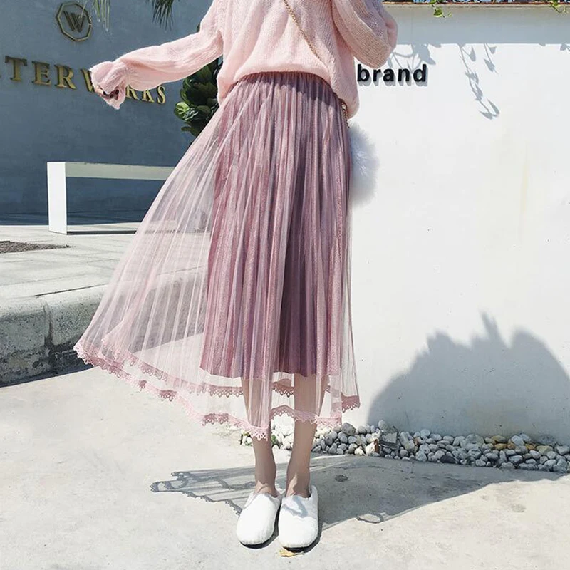 Velvet And Tulle Skirt Women 2018 Autumn Winter Fashion Korean Lace Elegant High Waist Pleated Female Midi Long | Женская одежда