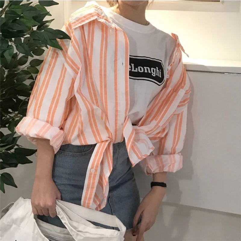 Fresh Orange Striped Long Sleeve Shirt Women Tops Kawaii Summer Blouse Boyfriend Chemise Femme Camicia Donna Blusa Mujer Camisa |