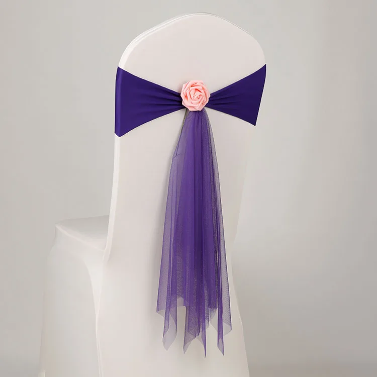 PURPLE 100 шт./лот, ленты из спандекса с цветком розы, растягивающиеся чехлы для стульев для свадьбы, лента из лайкры с бантом, ленты для свадебных стульев - Цвет: PURPLE