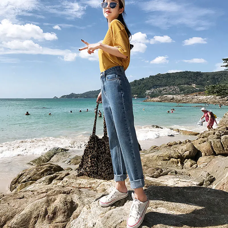 2019 spring new women's clothing high waist loose thin nine points wide leg jeans autumn solid color wild women straight trouser |