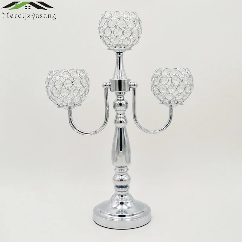 

10Pcs/Lot New Metal Silver/Gold Candle Holders 3-Arms With Crystals Stand Pillar Candlestick For Wedding Portavelas Candelabra