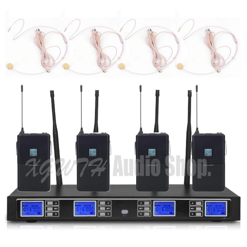 UHF 4 канала Беспроводная микрофонная система с передатчиками гарнитуры микрофон 1