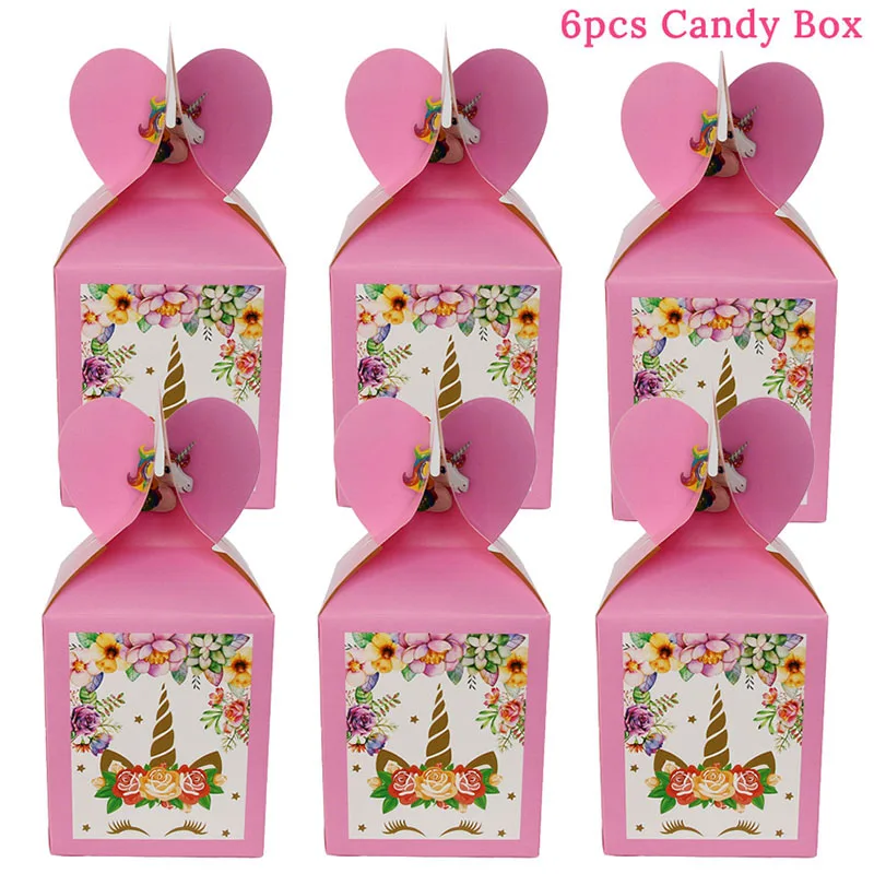 6pcs Candy Boxes Единорог вечерние поставки розовый Радуга баннер Единорог тарелки воздушные шары салфетка обертка для кексов детские душ украшения для детского дня рождения - Цвет: 6pcs Candy Boxes