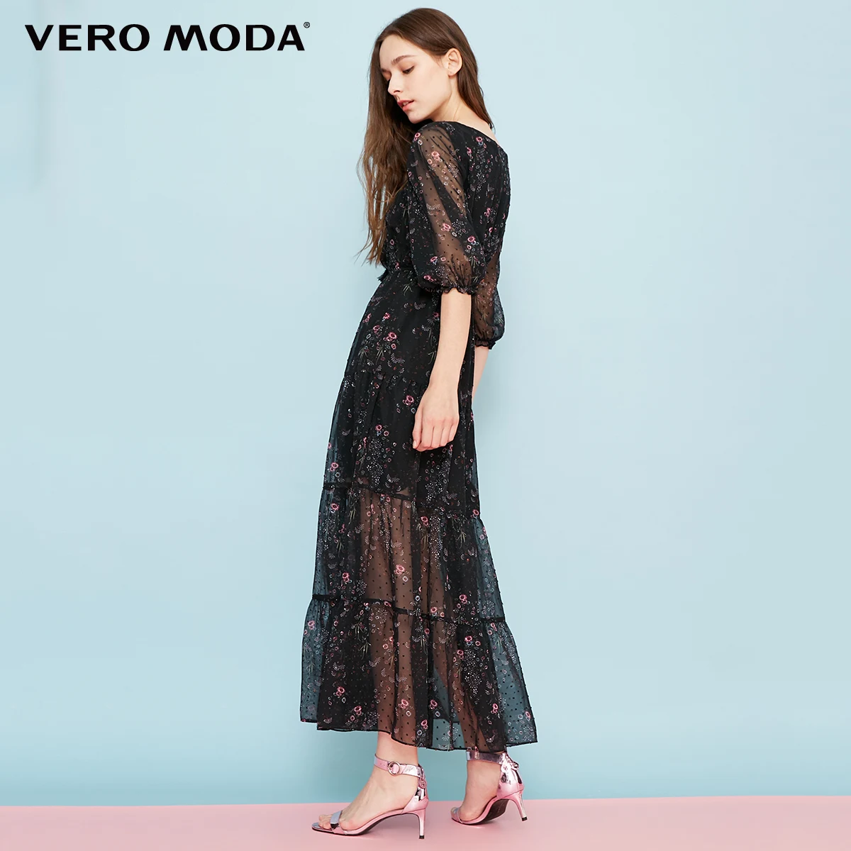 Vero Moda Брендовое новое платье с цветочным узором и рукавом три четверти высокой