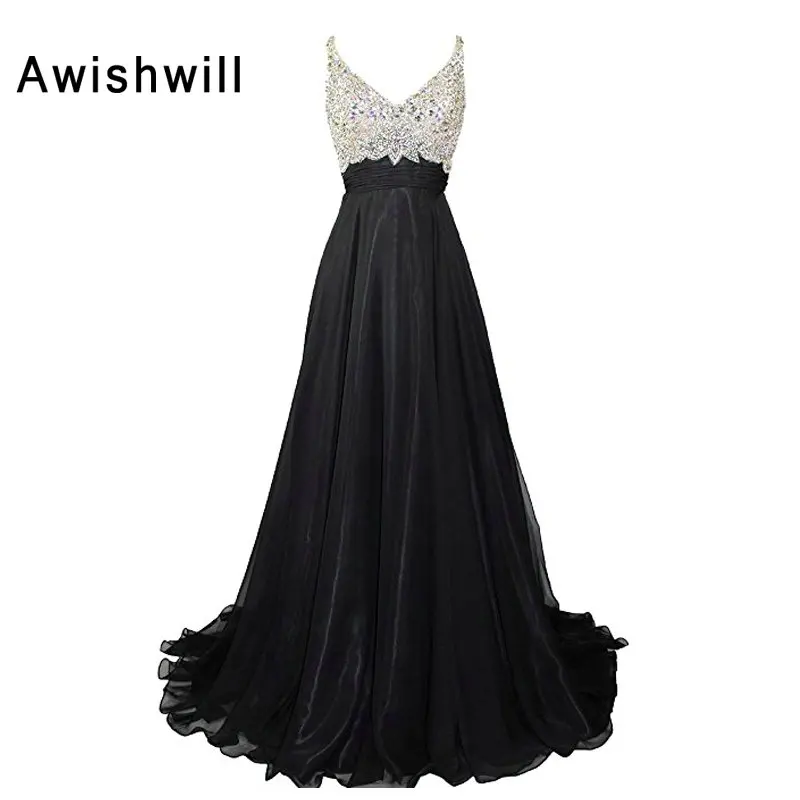 

Новое поступление, шифоновые черные вечерние платья без рукавов с v-образным вырезом, с блестками, длинное платье для выпускного вечера в аф...