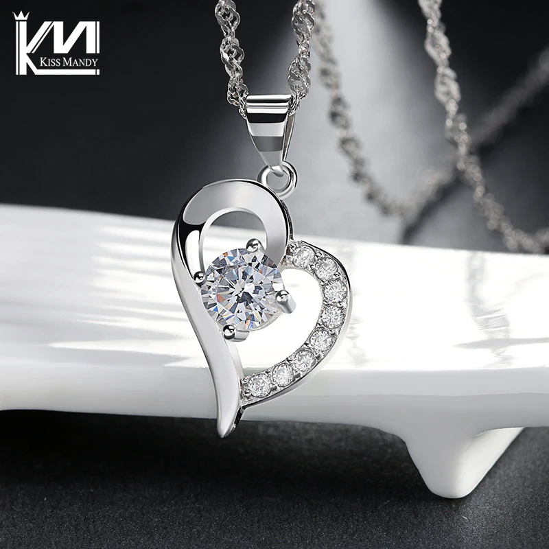 Поцелуй Мэнди Серебряный Романтический Сердце Ожерелье с Фиолетовый Ясно CZ для