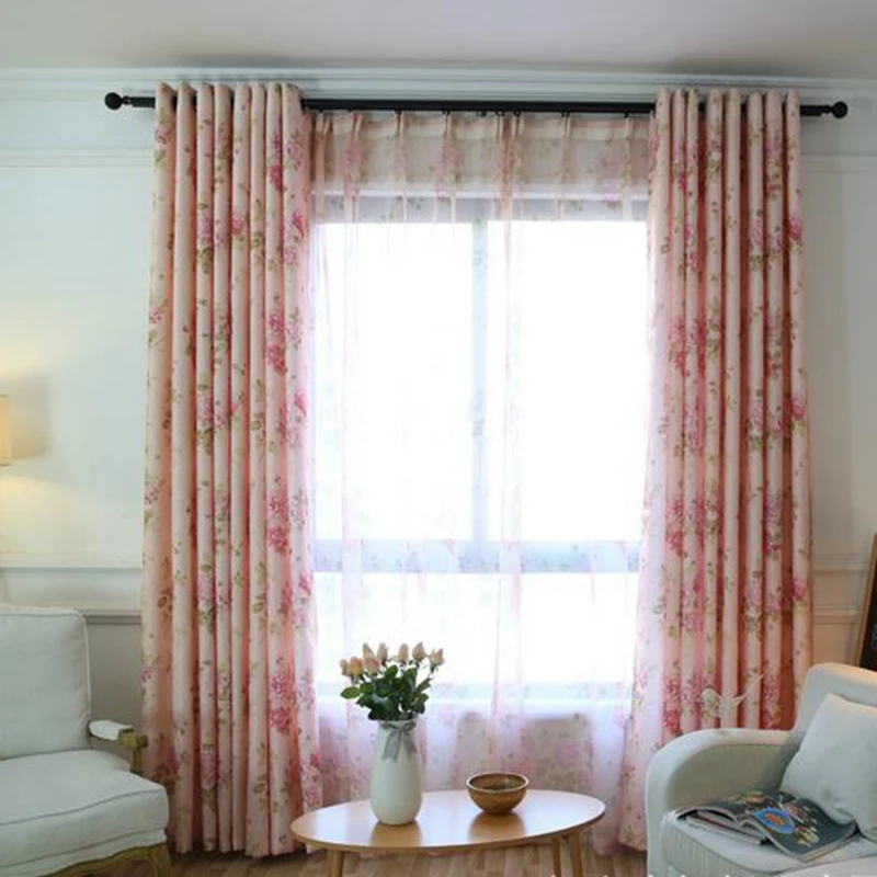 

Pink Rose Print Floral Window Treatments Curtains For Living Room Pastoral Romantic Semi-shading Blue Curtain Fabrics Drapes #30