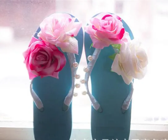 

Fashion handmade big roses flip-flops shoes flat DIY flowers in summer cool slippers sandals