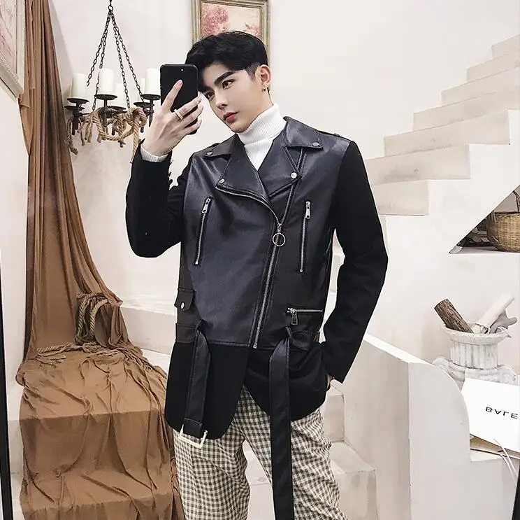 

Personalized motorcycle mens leather jacket loose coat jackets more oblique zipper clothes stage street dance rock fashion black