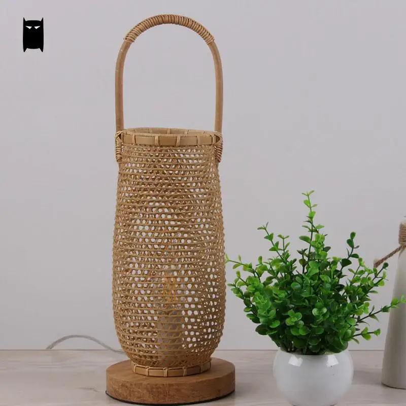 Ручная работа бамбуковая плетеная корзина из ротанга Абажур Настольная лампа светильник Азиатский японский Настольный светильник Abajour Ночная стойка прикроватная лампа для спальни