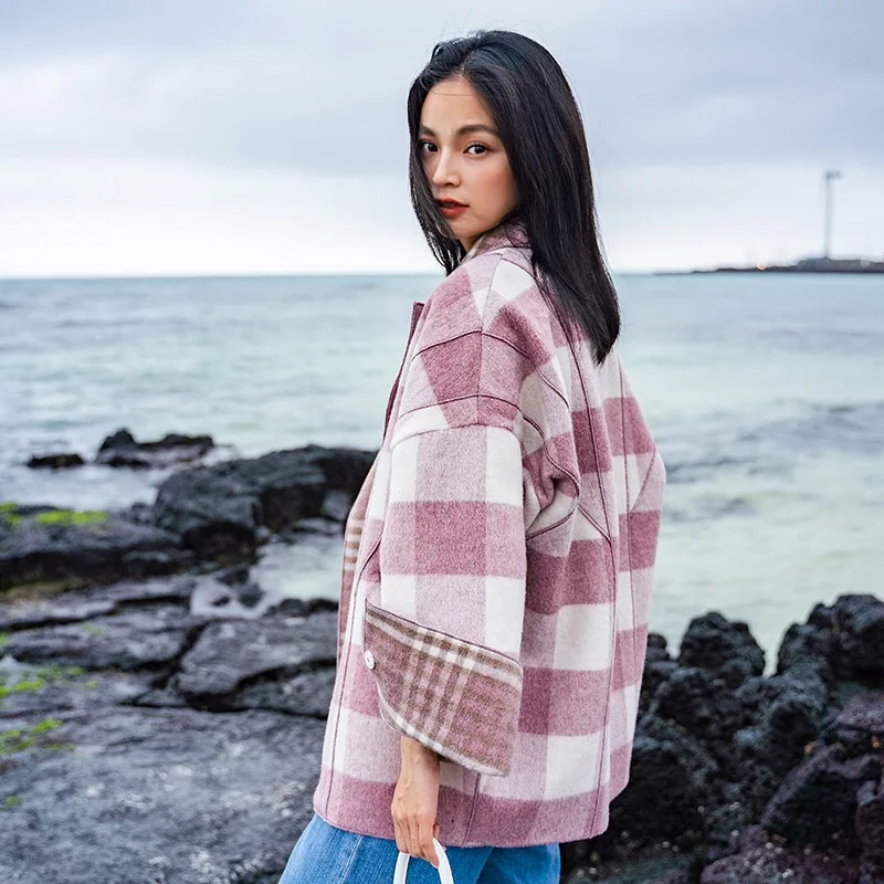 2018 Autumn Winter Original Design Gloria&ampGrace Pink Wool Vintage Plaid Print Oversize Loose Warm Coat Jacket Outerwear | Женская