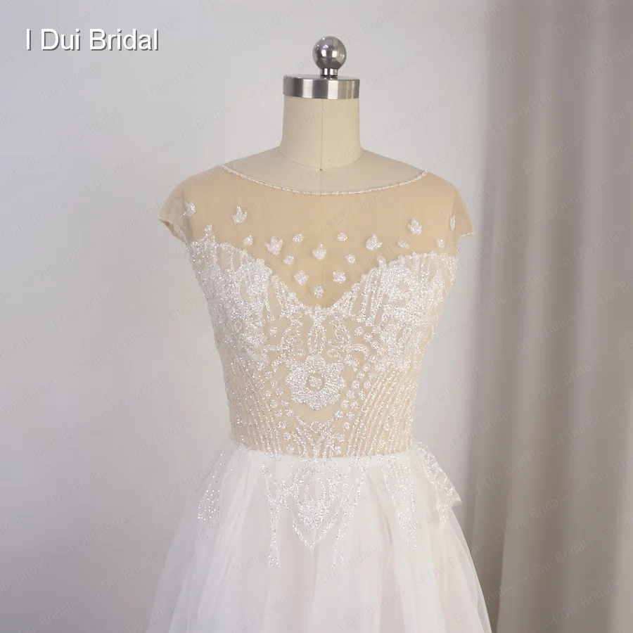 Cap Sleeve Sparkle Wedding Dress with Organza Ruffles Illusion Neckline Shinny Bridal Gown | Свадьбы и торжества