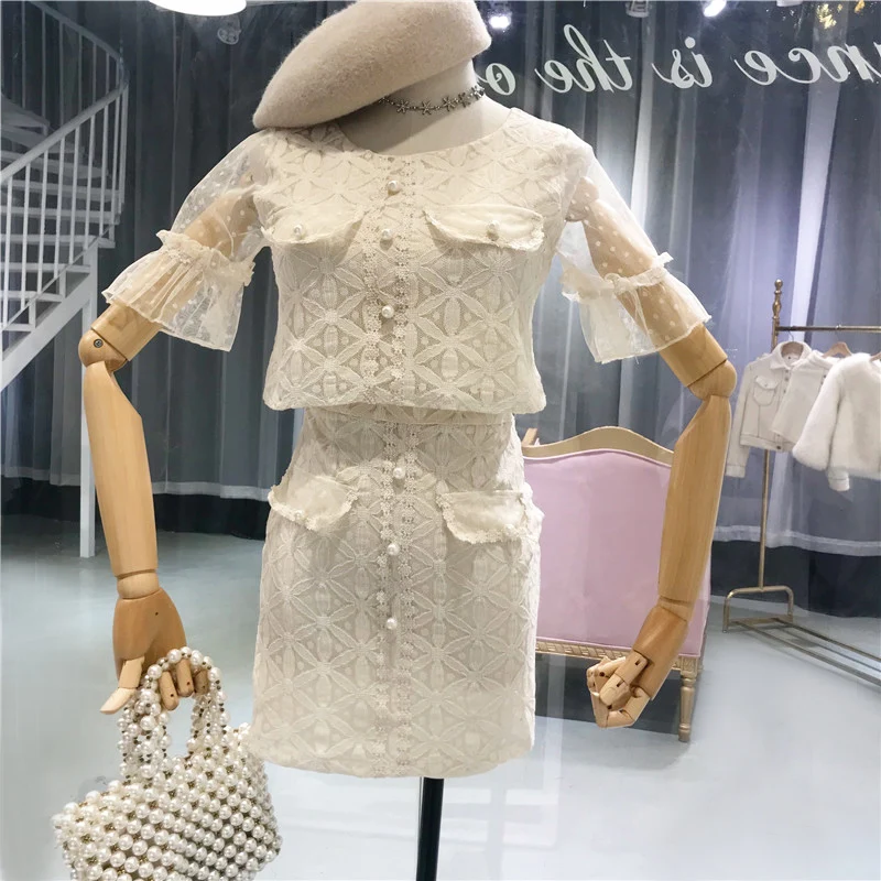 Женский кружевной пуловер с жемчугом Amolapha футболка коротким рукавом + юбка