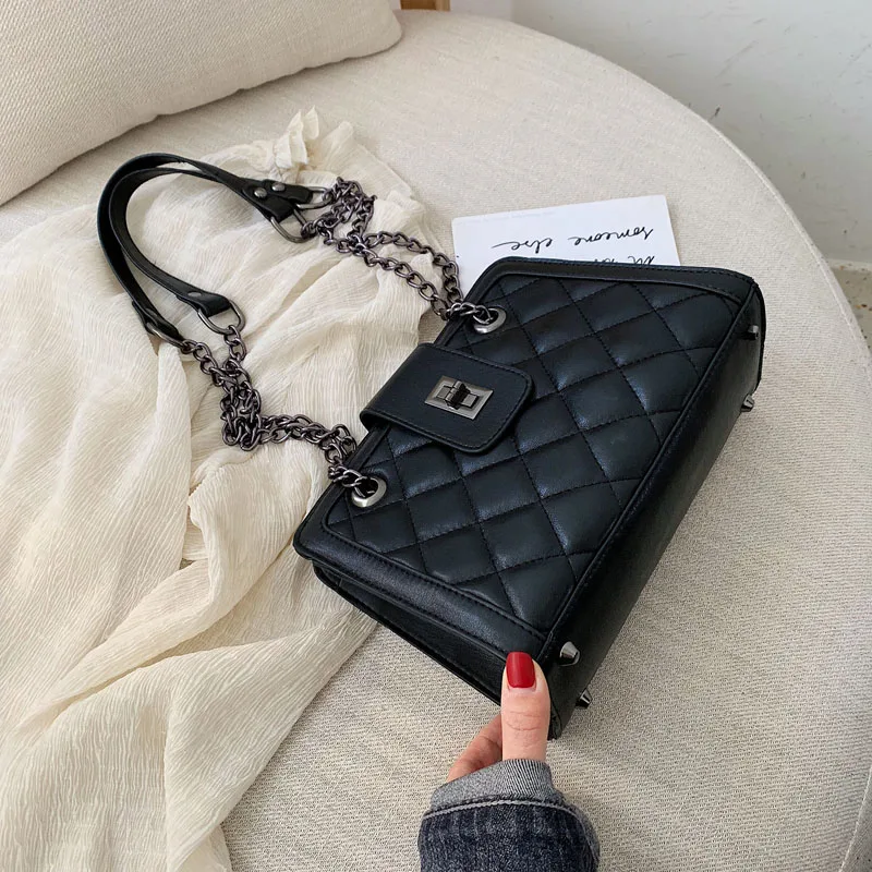 Black large Элегантная женская сумка-тоут, модная новая качественная женская дизайнерская сумка из искусственной кожи, Классическая клетчатая сумка через плечо с цепочкой - Цвет: Black large