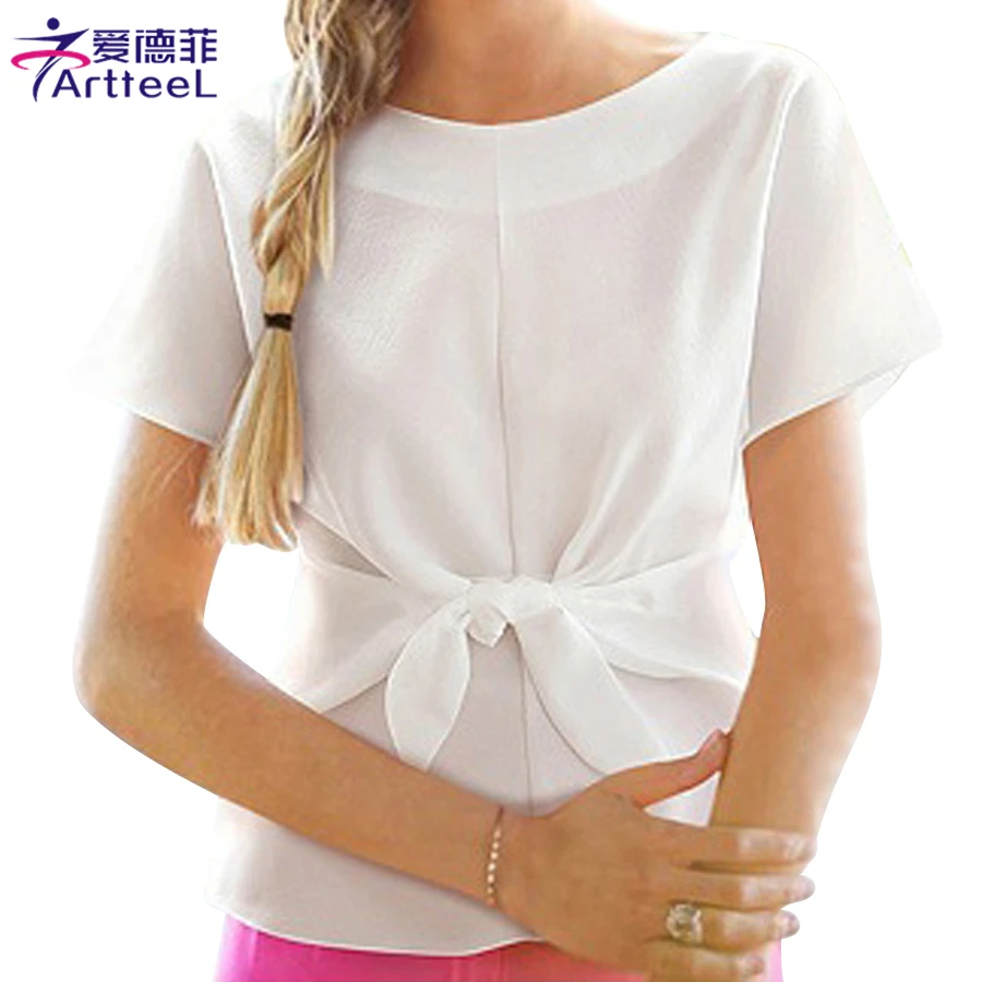 Fashion Women Chiffon Tops Blouses Casual Bowknot OL O-neck Short Sleeve Bottoming Shirts |