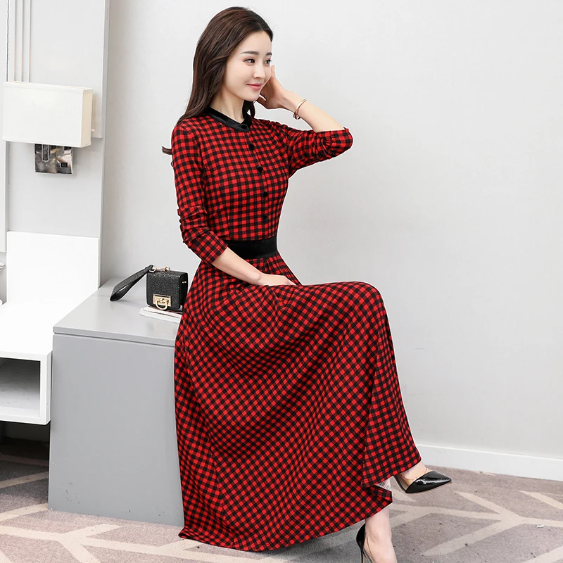 Женское платье с длинным рукавом повседневное клетчатое в стиле ретро|Женские