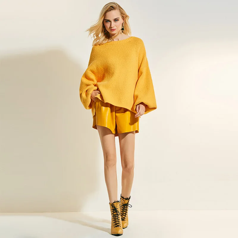 Winter Yellow Sweater Women Round Neck Solid Lantern Sleeve Pullover Fashion Plain Girls Knitted Autumn Long