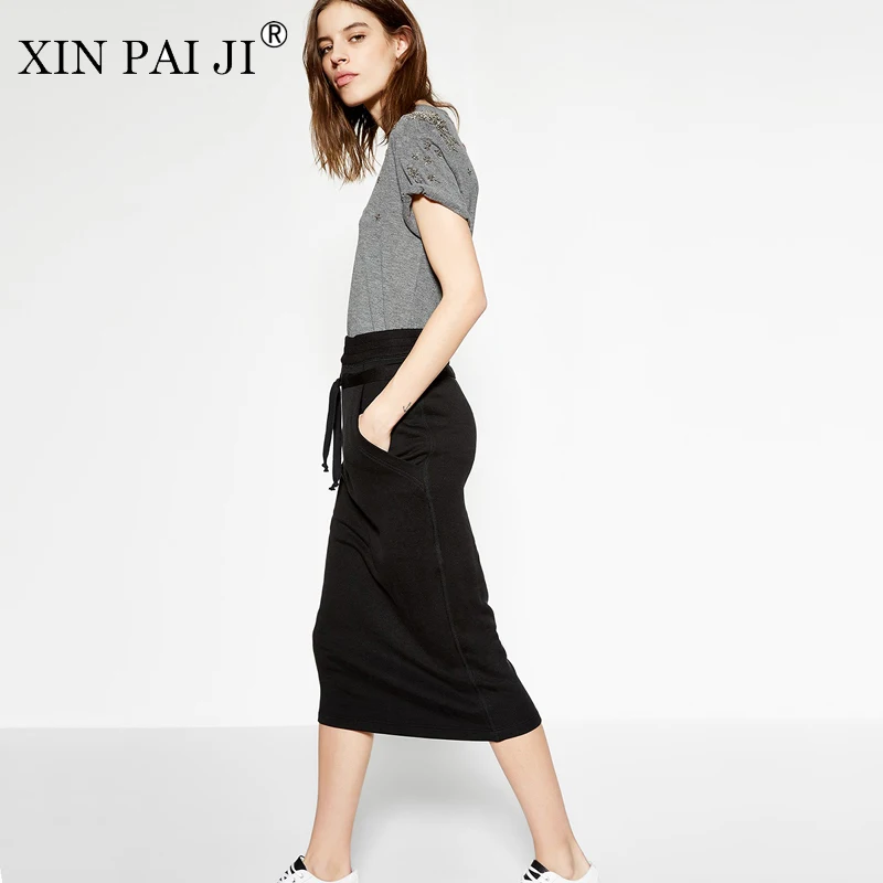 Xin Pai Ji/длинные Для женщин юбка черный элегантный Юбки для Повседневная обувь
