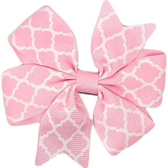 

140pcs Girls Pink White quatrefoil Ribbon Hairbow Knot Grosgrain Ribbon Clippie scroll rhomb pattern Free Shipping