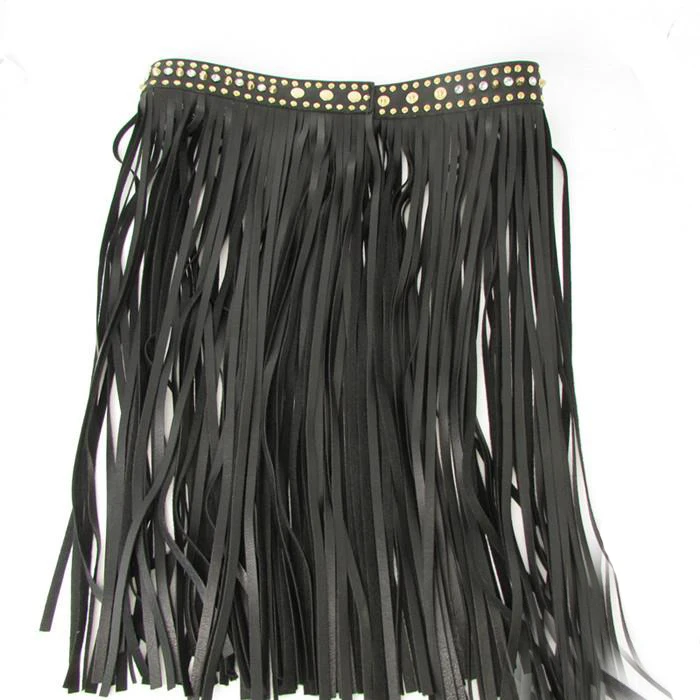 Женский длинный ремень с кисточками и бахромой черный кожаный широкими