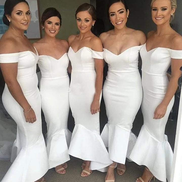 

Long Bridesmaid Dresses 2018 Mermaid Short Sleeve Sweetheart Stretch Satin White Maid of the Honer Dresses Party Gowns