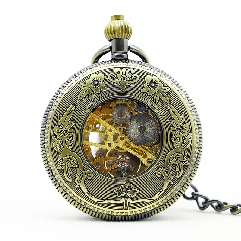 Corrugated Hollow Design Digital Display Manual Mechanical Pocket Watch Retro Steampunk Men's Necklace Pendant Accessory Gift
