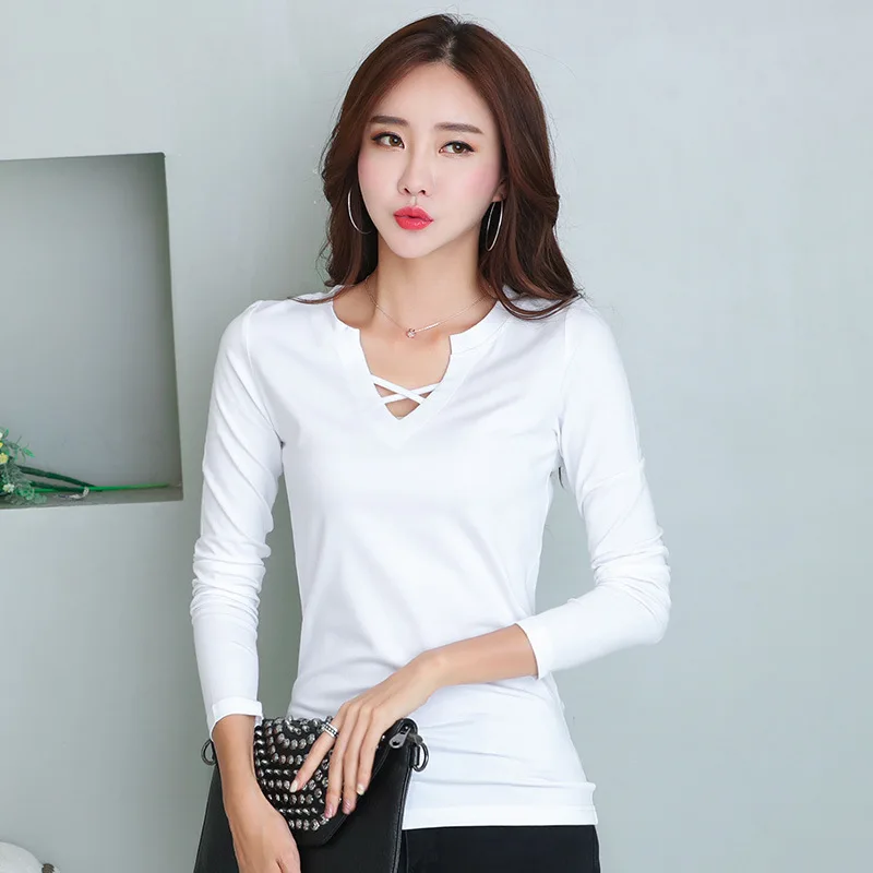 2018 Тонкая Повседневная стильная футболка с v-образным вырезом женские топы на