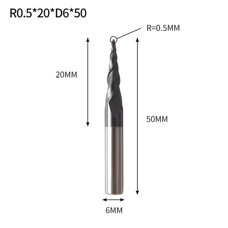 R0.5X20XD6X50L Augusttools коническая Концевая фреза HRC 55 Вольфрамовая твердосплавная фреза 3,175 мм 4 мм 6 мм с шариковым носом коническая концевая фреза для дерева и металла - Длина режущей кромки: R0.5X20XD6X50L