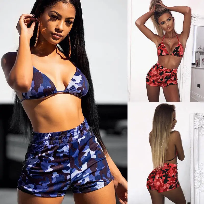 

Swimsuit 2018 summer Casual Womens Sleeveless Bikini Push-Up Padded Bra+Camouflage Shorts Swimsuit
