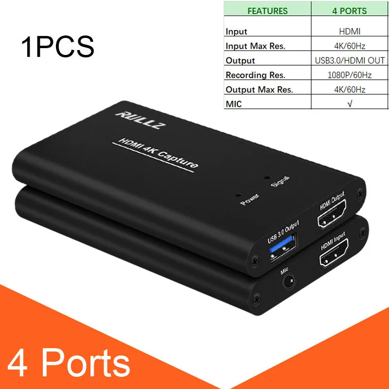 Black 4 Port USB3.0 HDMI к USB 3,0 4K 1080P 60fps Карта видеозахвата Phone Game ТВ показывает STB Запись коробка ПК потоковая трансляция в прямом эфире с микрофоном - Цвет: Black 4 Port