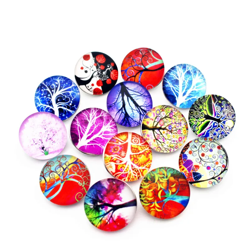 Newest 10pcs/lot life tree Snap Buttons Charms 18mm Print Dream tree Glass Buttons Fit DIY Snap Bracelets&Bangle Woman Jewelry