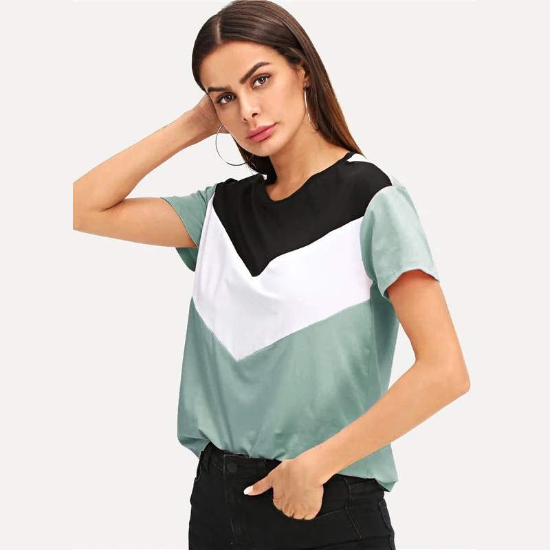SweatyRocks Cut and Sew Tee многоцветный короткий рукав круглый вырез пэчворк повседневные топы женские летние Athleisure футболка с цветными деталями