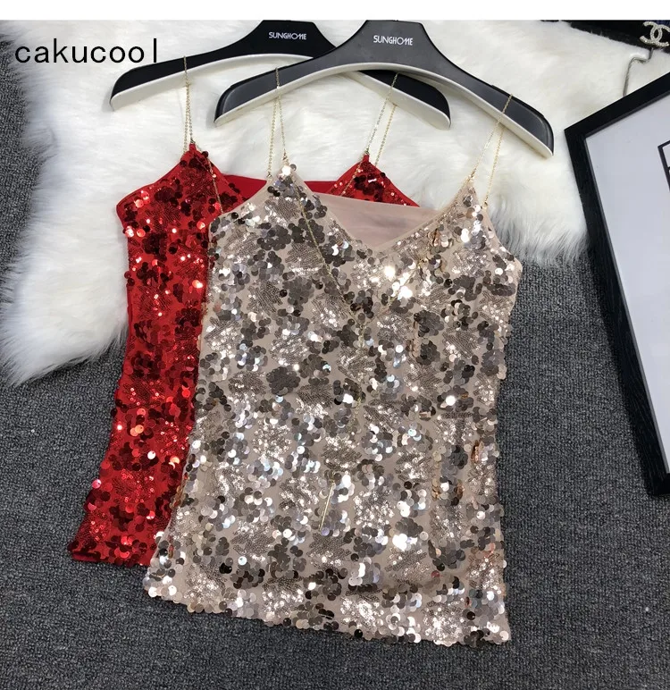 Летний Блестящий жилет Cakucool с золотыми цепочками и v-образным вырезом Облегающая