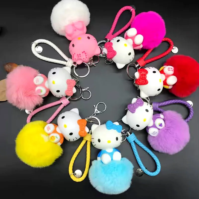 Pom аниме брелок мультфильм рисунок Hello Kitty пушистый кролик Мех животных кольцо